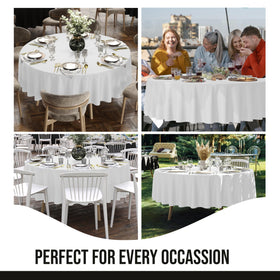 Party Solids round tablecloth draped to floor creating polished look.