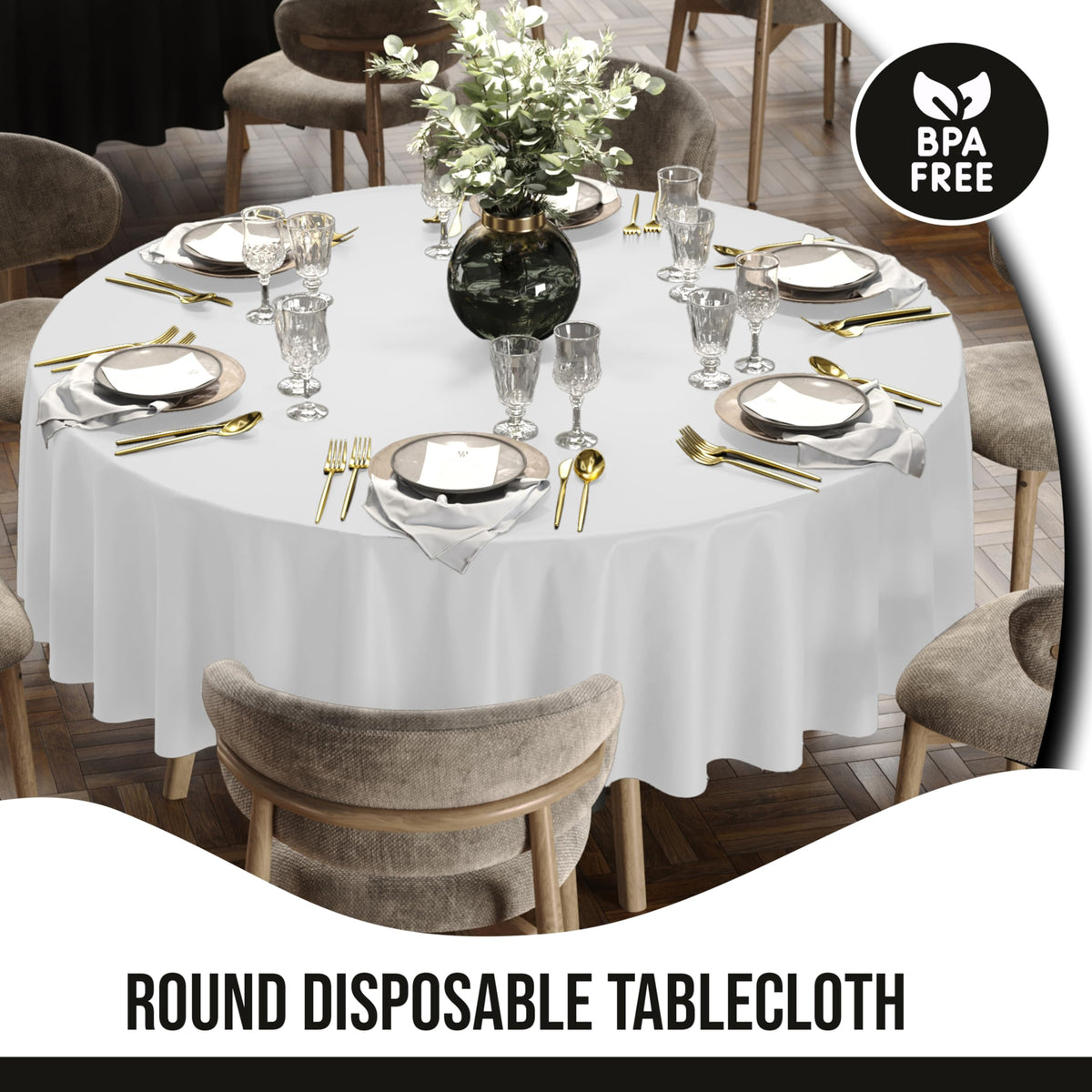 Party Solids round tablecloth on dining table setup ready for celebrations.
