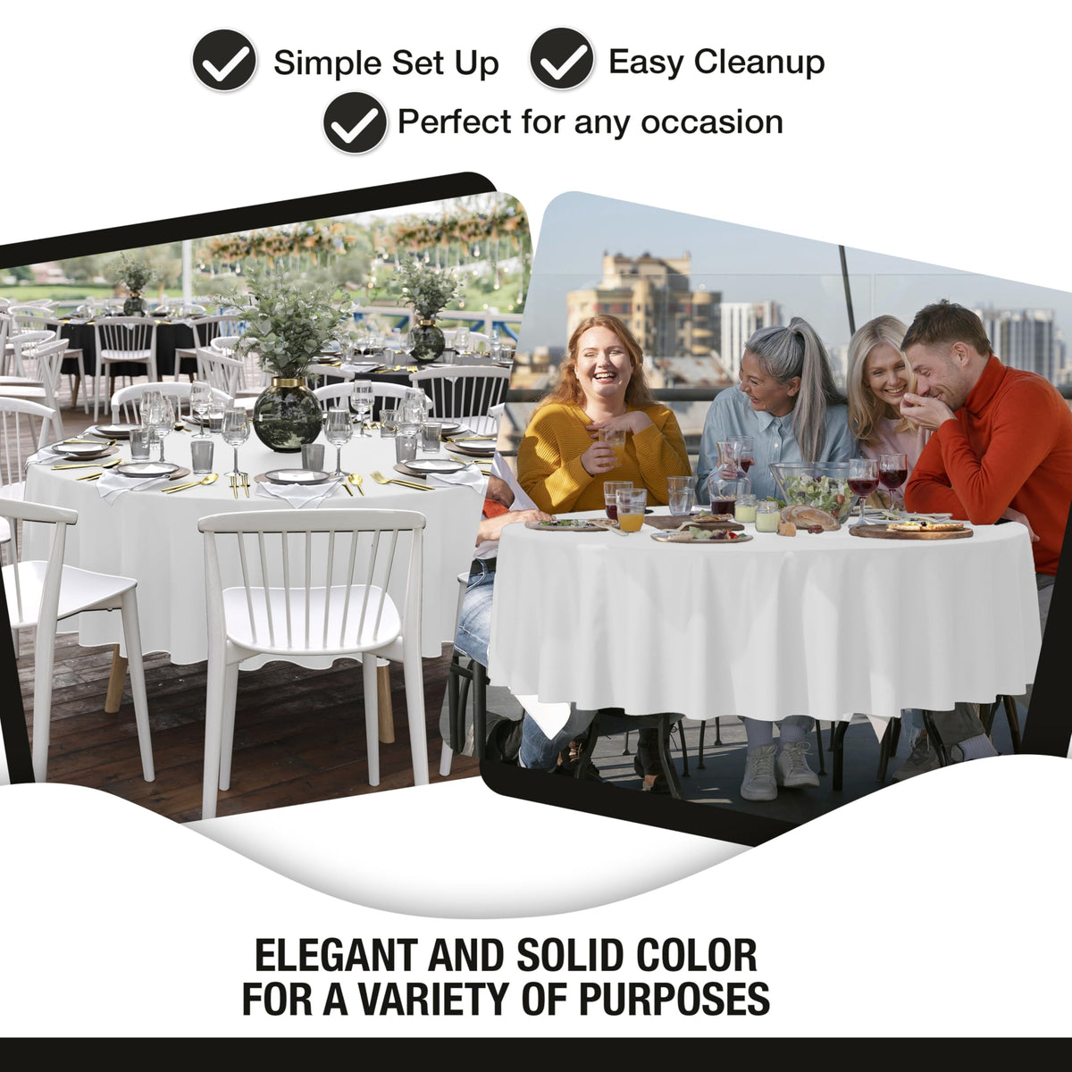 Party Solids tablecloth resisting spills during gatherings.