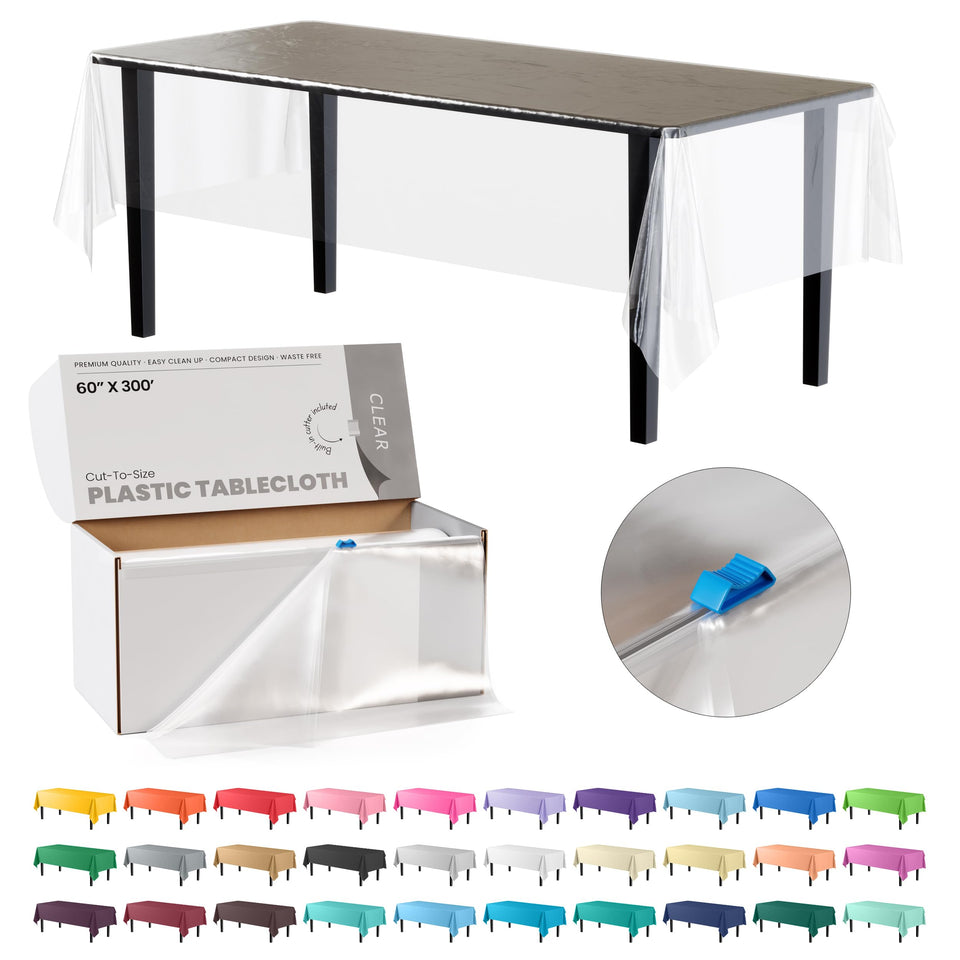 Party Solids clear table cover roll, 60-inch by 300-foot, protects surfaces.