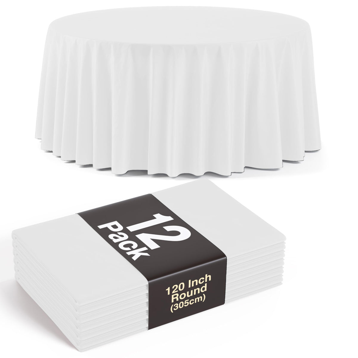 Party Solids white 120in round tablecloth draped elegantly for formal events.