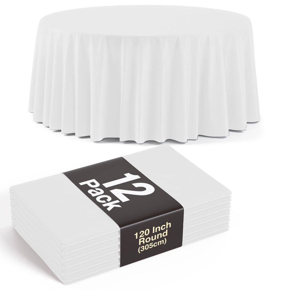 Party Solids white 120in round tablecloth draped elegantly for formal events.