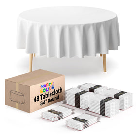 Party Solids white round 84-inch tablecloth on a banquet table for events