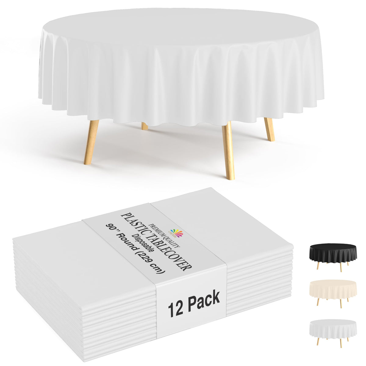 Party Solids white round tablecloth 90-inch flatlay showing size and neat presentation.