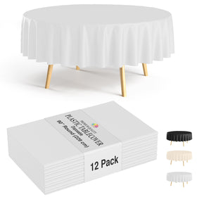 Party Solids white round tablecloth 90-inch flatlay showing size and neat presentation.