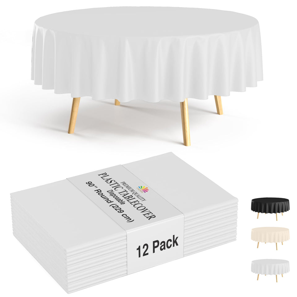 Party Solids white round tablecloth 90-inch flatlay showing size and neat presentation.