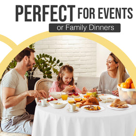 Party Solids white round tablecloth with a clean, smooth finish for tables