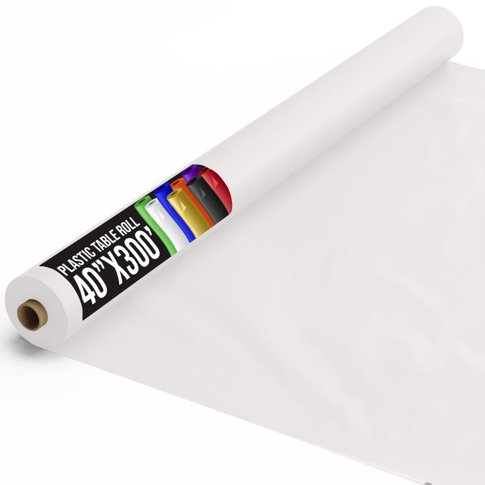 Party Solids white tablecloth roll 40x300 offers long coverage for large events.