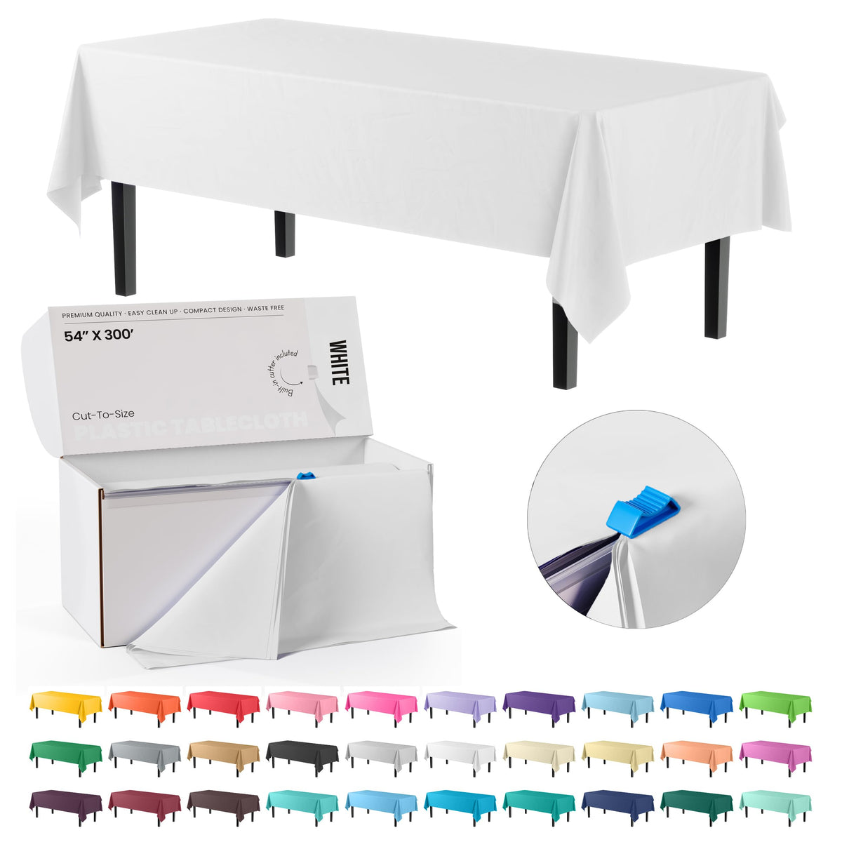 Party Solids white tablecloth roll in a box with slide cutter for easy sizing