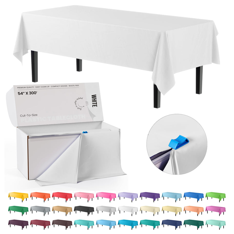 Party Solids white tablecloth roll in a box with slide cutter for easy sizing