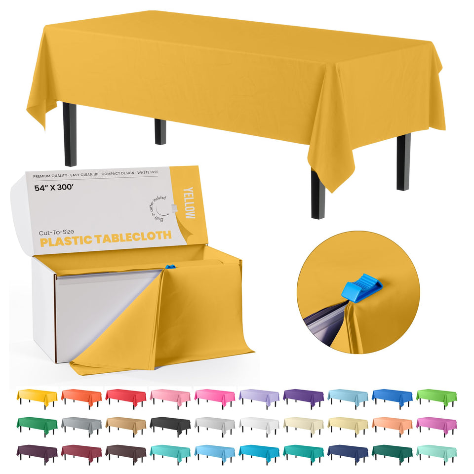 Party Solids yellow table cover roll box with cutter for easy on-site sizing.