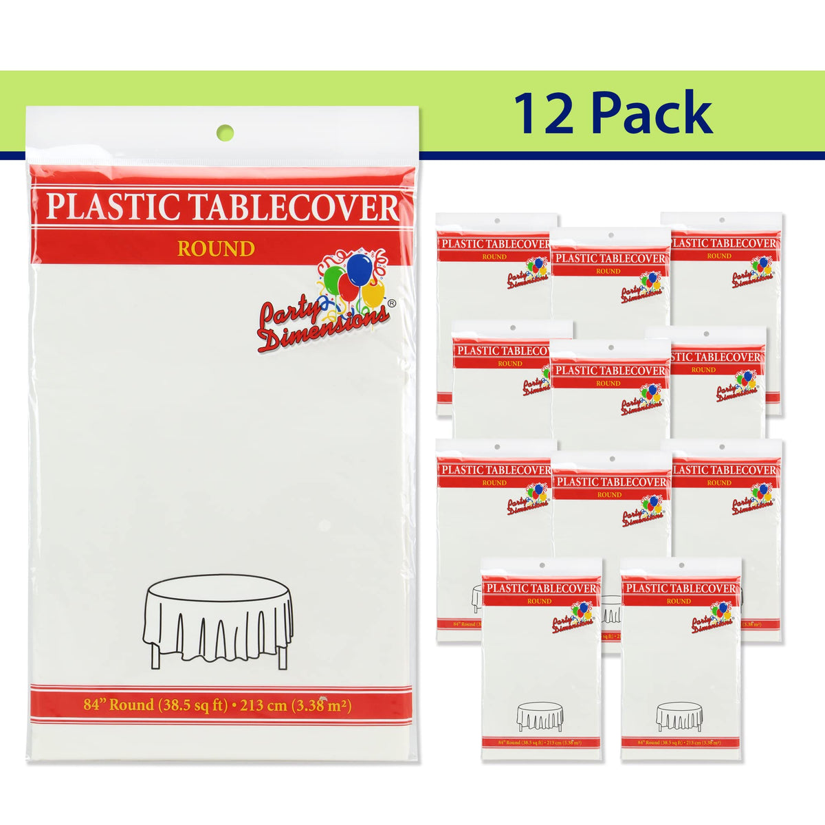 Party Dimensions pre-cut plastic tablecloth with round edges for neat setup.