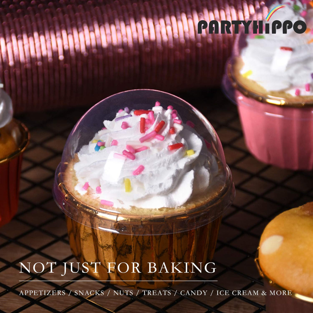 PartyHippo eco-friendly disposable cups offer mess-free serving after baking.