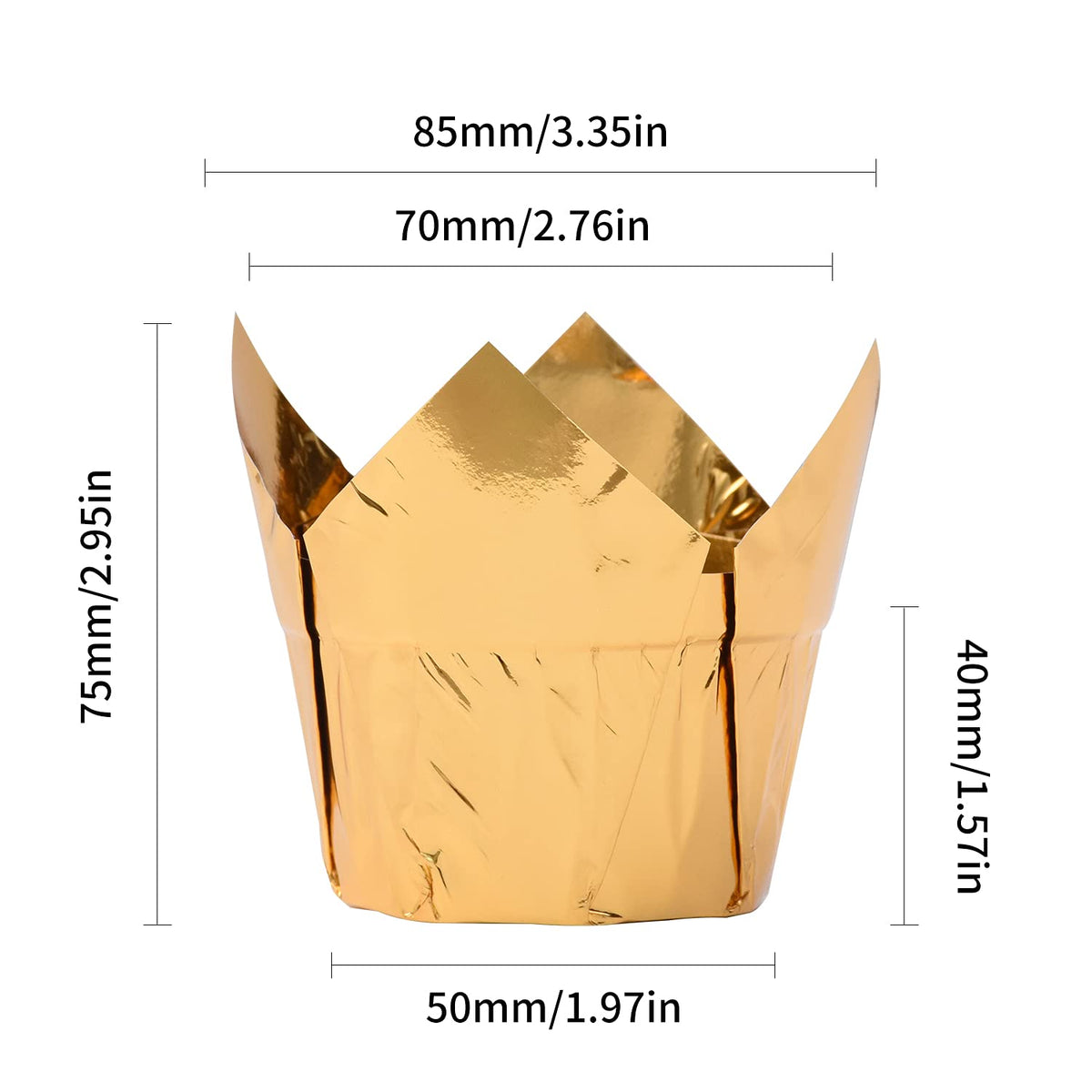 Party Hippo Gold Tulip Cupcake Liners offer 3.5 oz capacity for cupcakes, treats, and snacks.