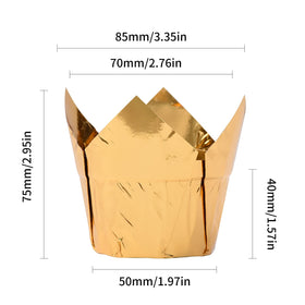 Party Hippo Gold Tulip Cupcake Liners offer 3.5 oz capacity for cupcakes, treats, and snacks.