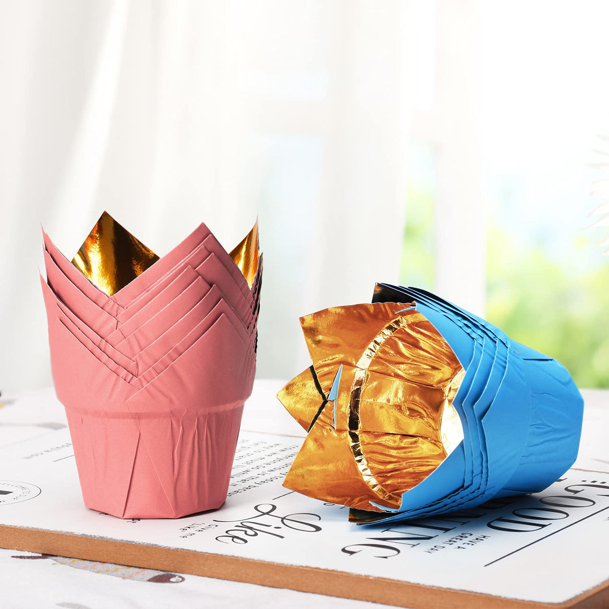 Party Hippo Gold Tulip Cupcake Liners suit baby shower styling with gold wrappers.