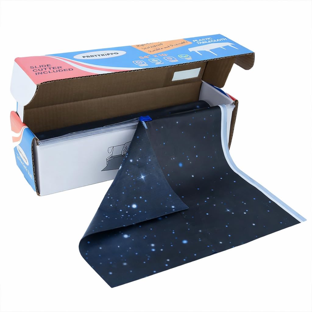 PartyHippo Starry Sky tablecloth roll with built-in cutter for fast sizing.