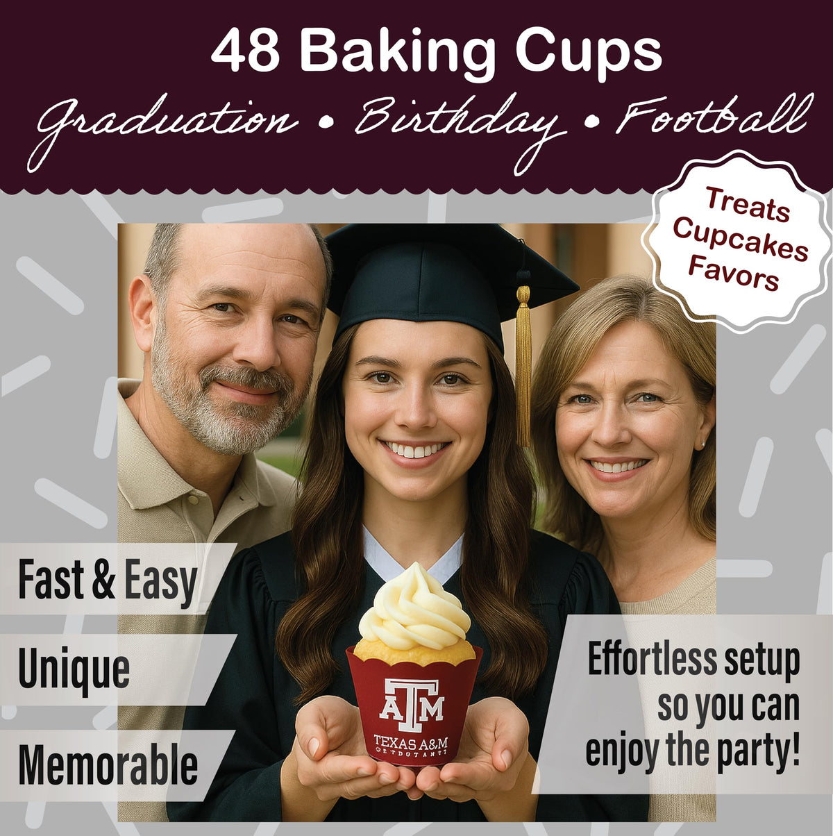 PartyKandy Texas A&M baking cups support baking or gifting with 5-ounce portions.