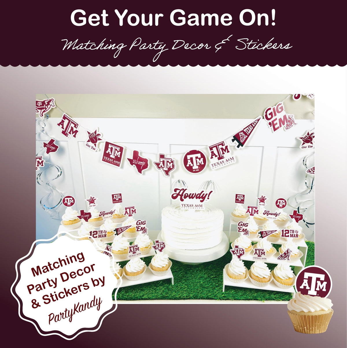PartyKandy Texas A&M baking cups made from recyclable paper for eco-friendly celebrations.