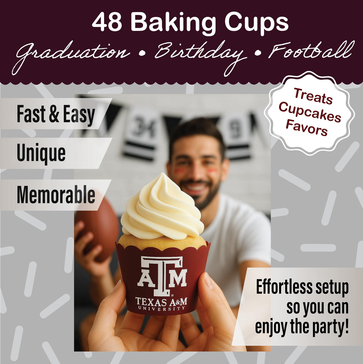 PartyKandy Texas A&M baking cups shown with plates for coordinated party decor.