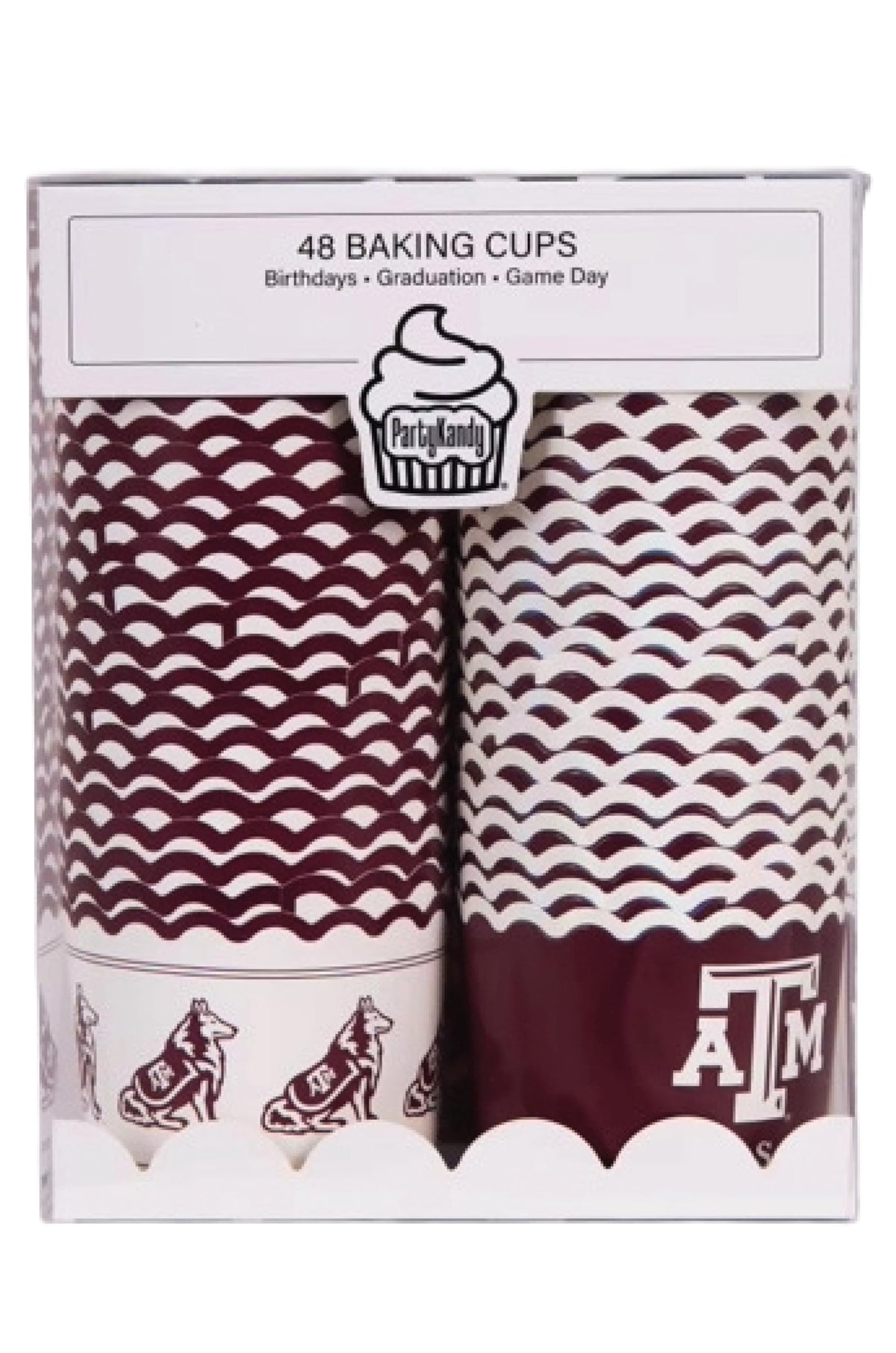 PartyKandy Texas A&M baking cups in team colors for tailgate-ready desserts.