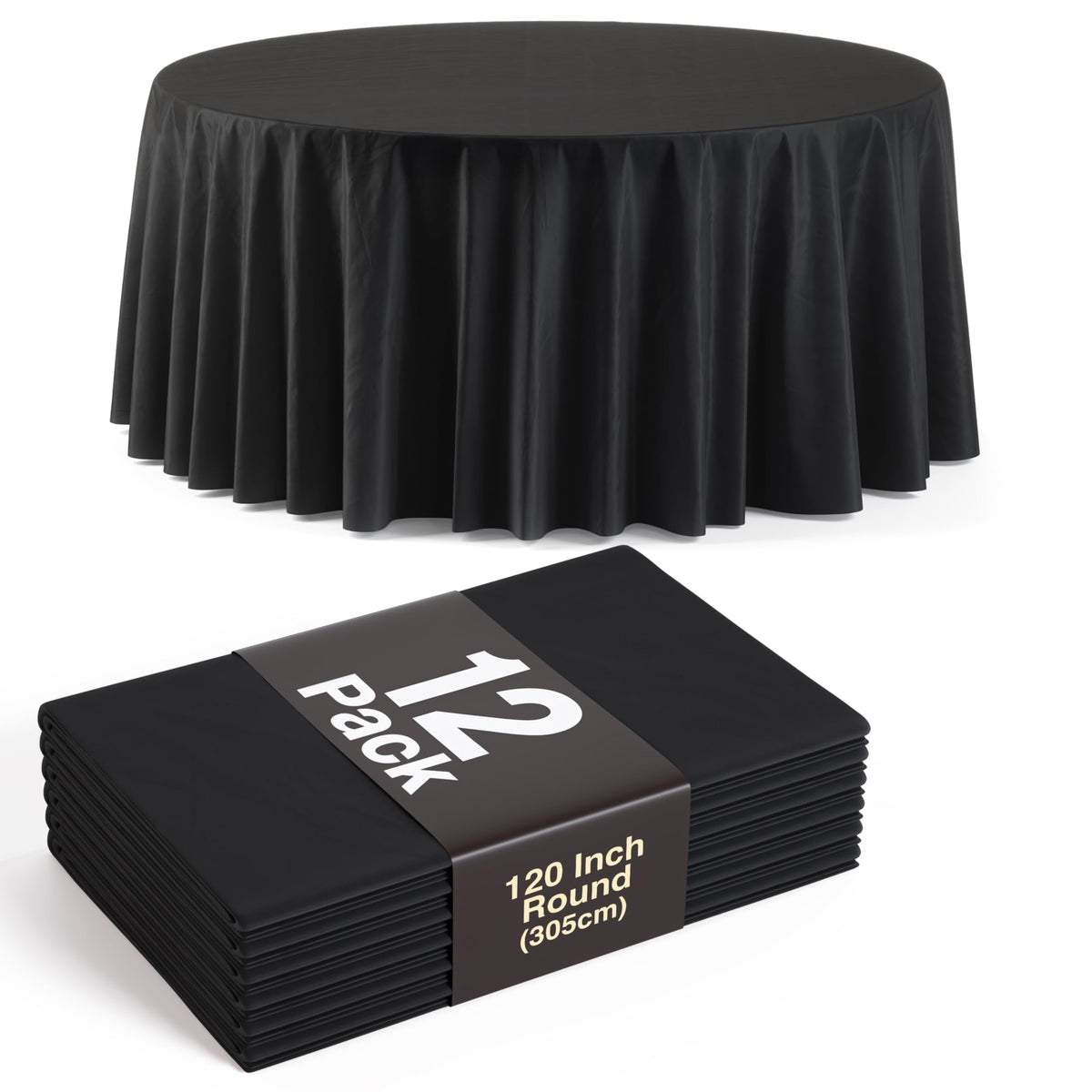 Party Solids 120-inch round tablecloth cover drapes elegantly for a formal event look.