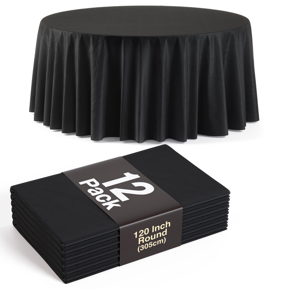 Party Solids 120-inch round tablecloth cover drapes elegantly for a formal event look.