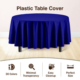 Party Solids navy 84-inch round tablecloth close-up shows heavy-duty plastic and opacity.