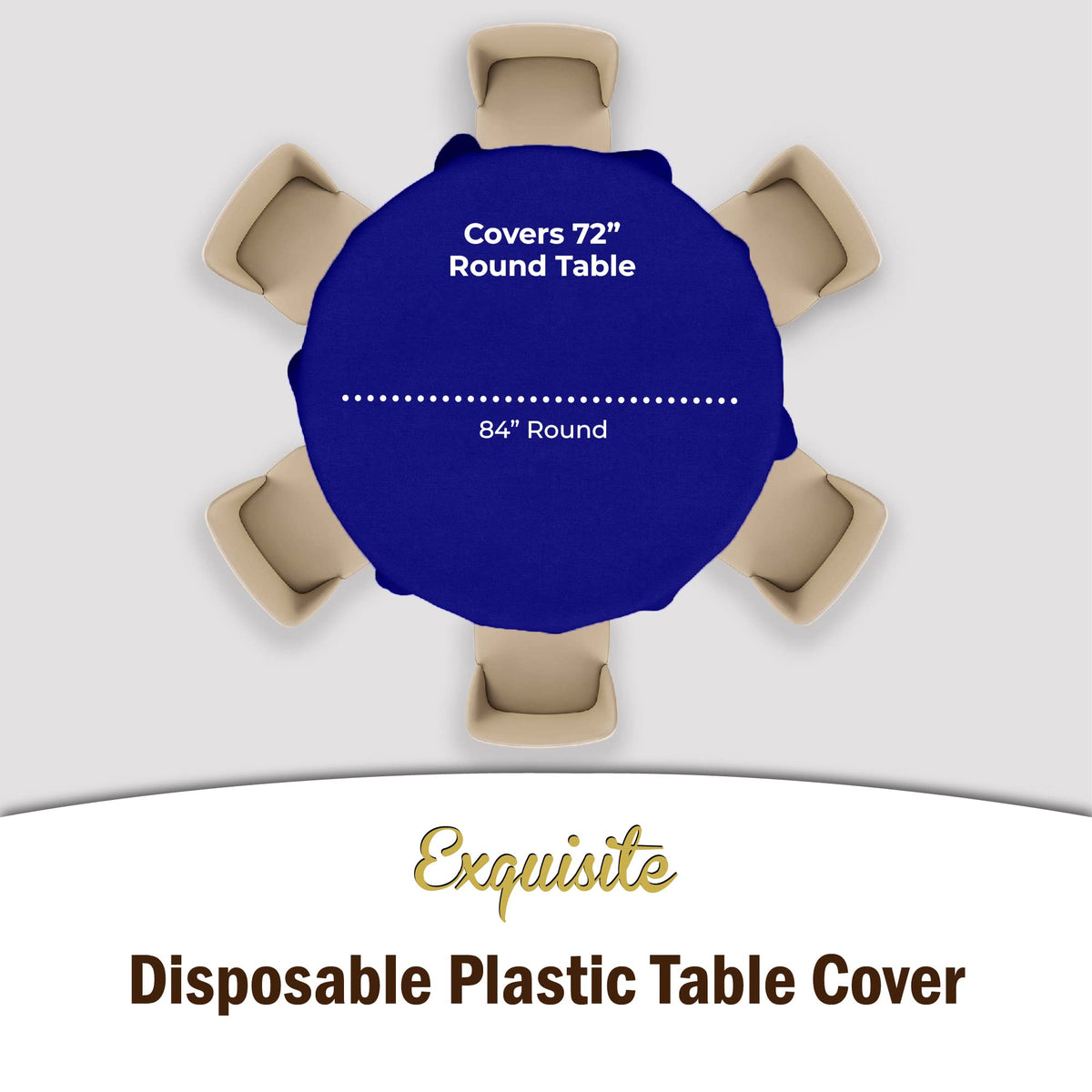 Party Solids 84-inch navy round tablecloth ready for disposal after celebrations.