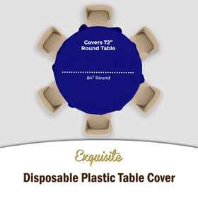 Party Solids 84-inch navy round tablecloth ready for disposal after celebrations.