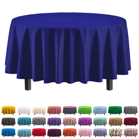 Party Solids 84-inch navy round tablecloth unfolded for a clean, elegant event base.