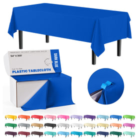Party Solids dark blue tablecloth roll with cutter for precise sizing and quick setup.