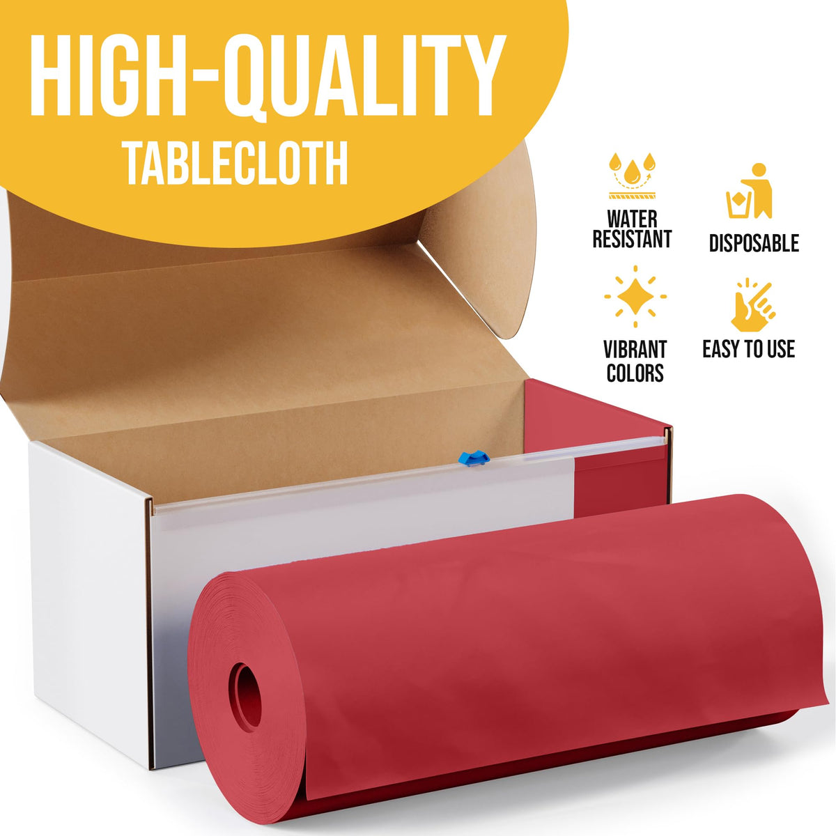 Party Solids Disposable tablecloth box with built-in slide cutter for on-site sizing.