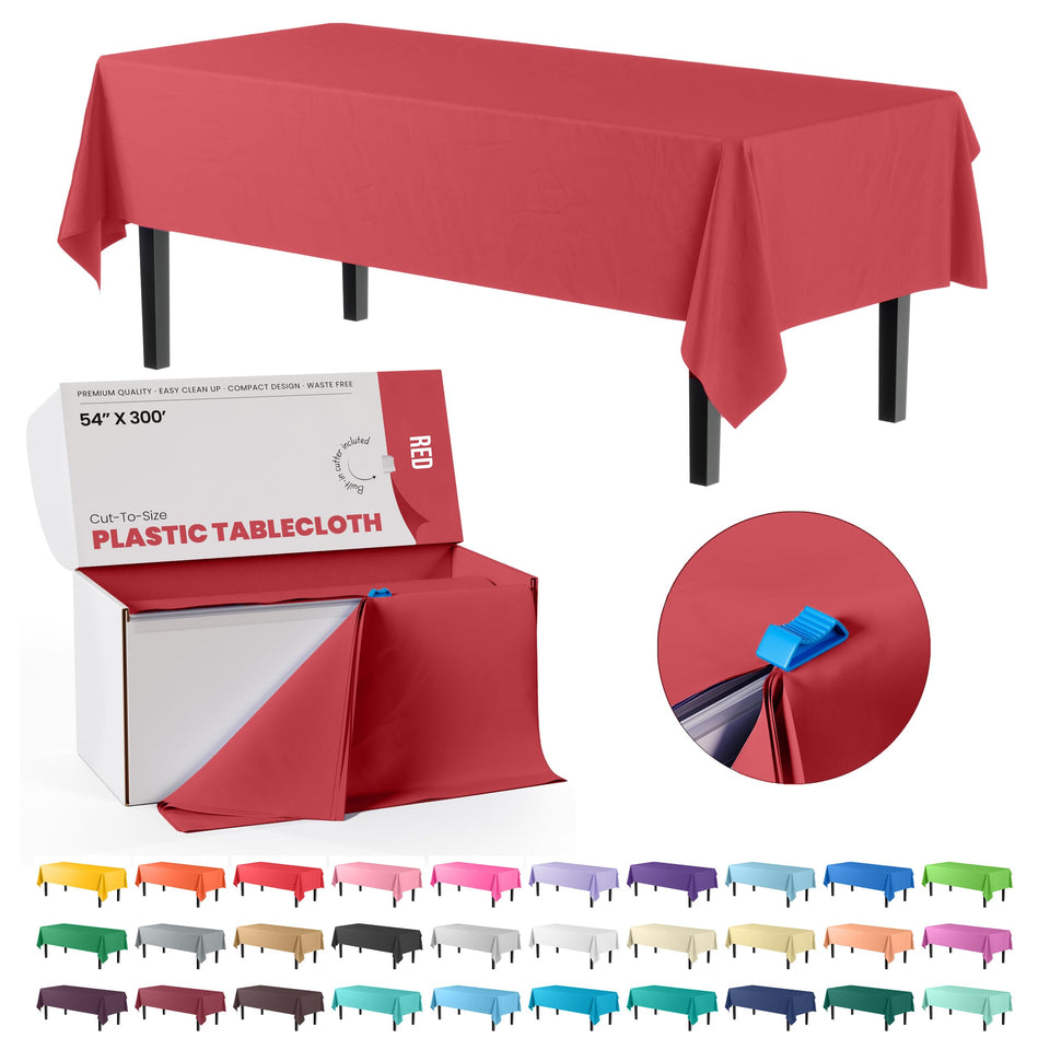 Party Solids Exquisite Red tablecloth roll with cutter for precise sizing.