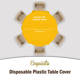 Party Solids Exquisite yellow round tablecloth demonstrates quick disposable cleanup