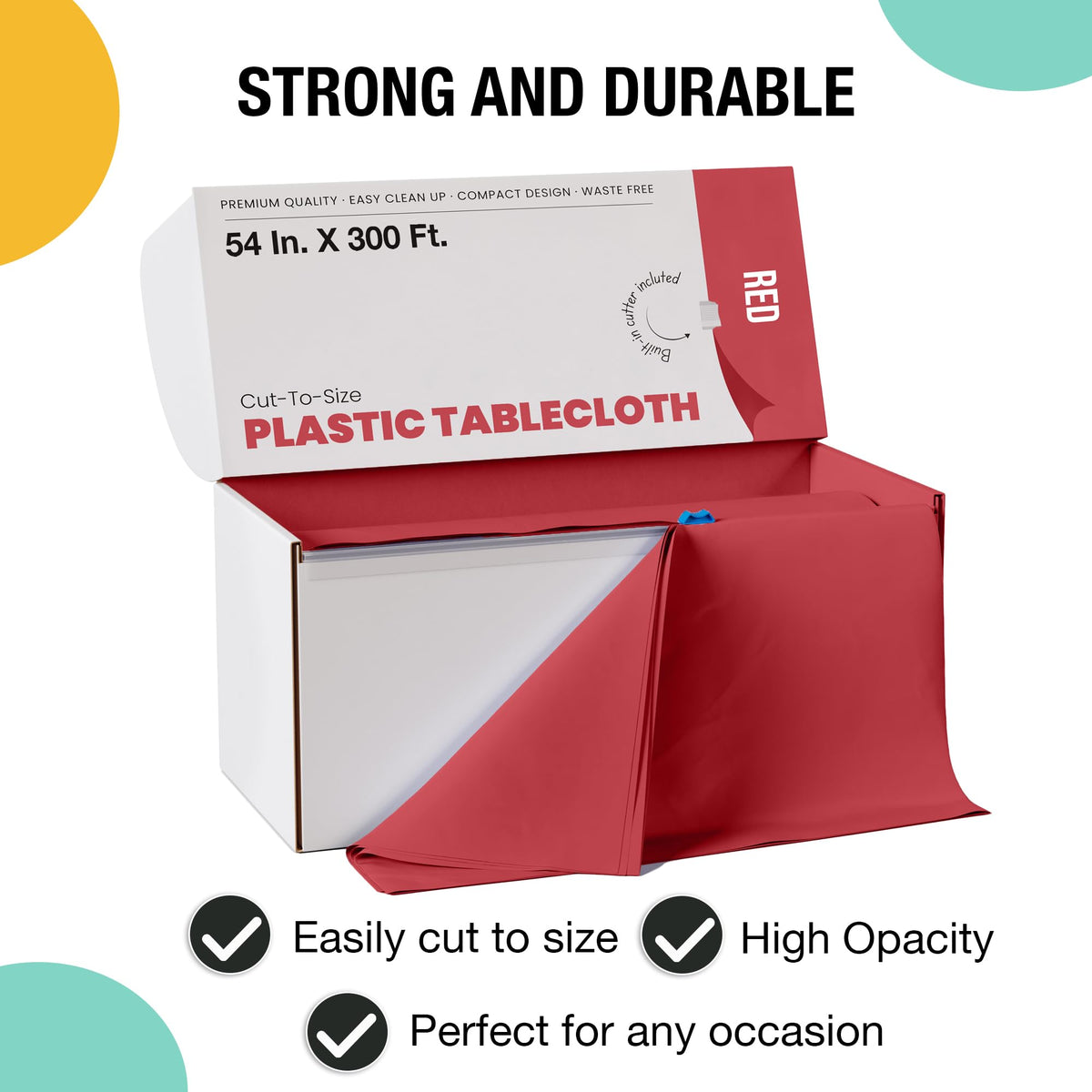 Party Solids Heavy-duty plastic tablecloth roll provides waterproof protection.