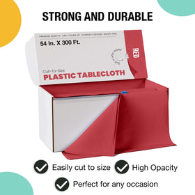 Party Solids Heavy-duty plastic tablecloth roll provides waterproof protection.