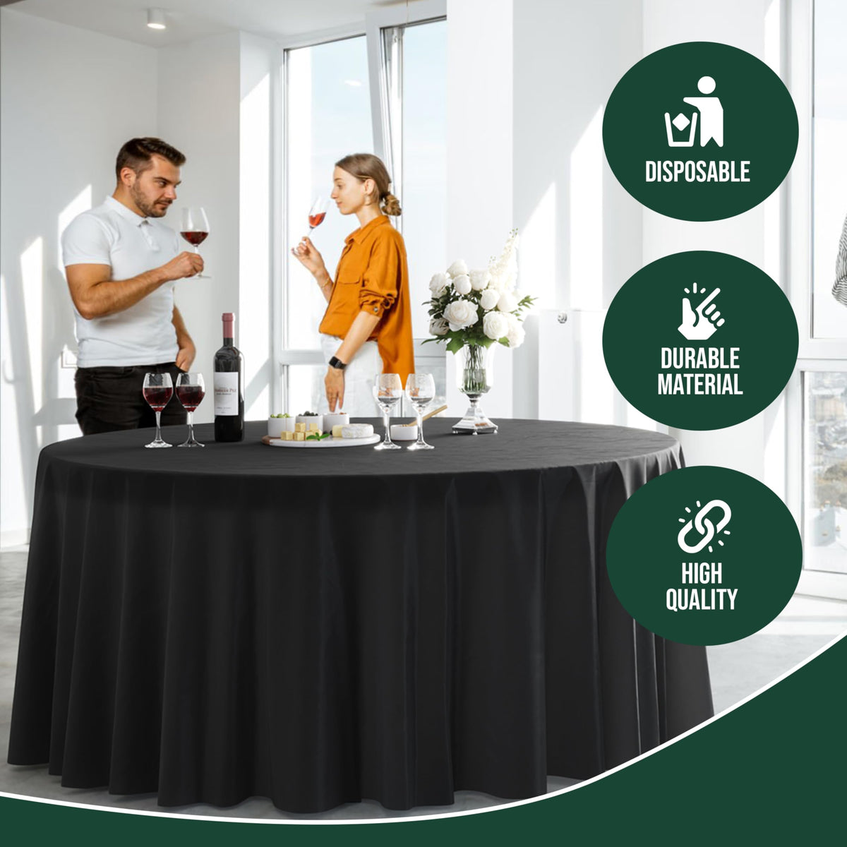 Party Solids outdoor-friendly tablecloth suits banquets and receptions under any weather.