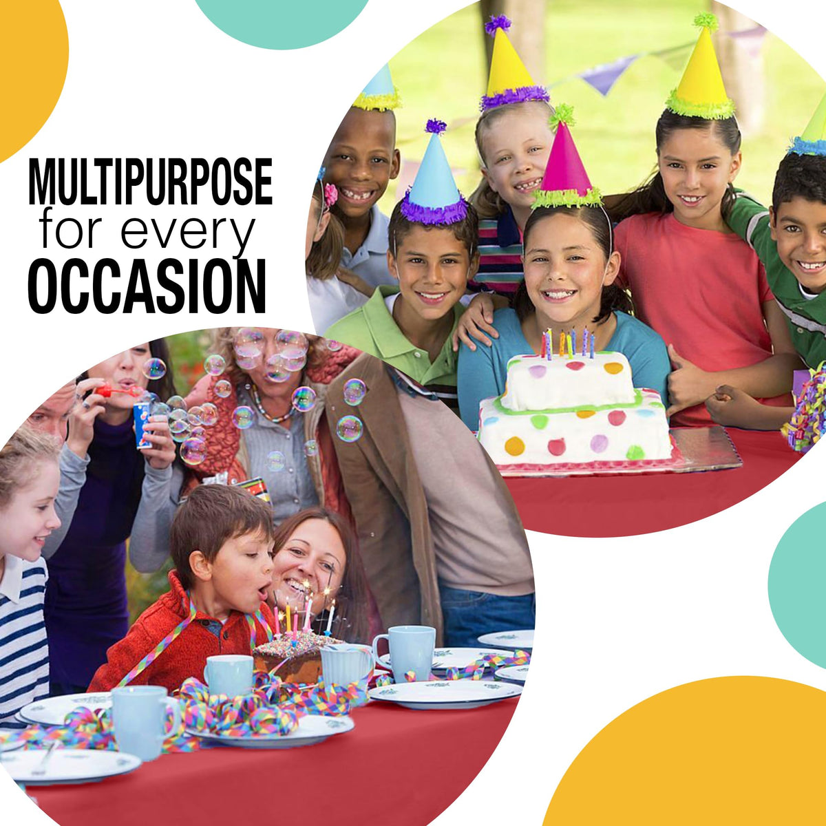 Party Solids Rectangle and round tablecovers offer versatile event options.