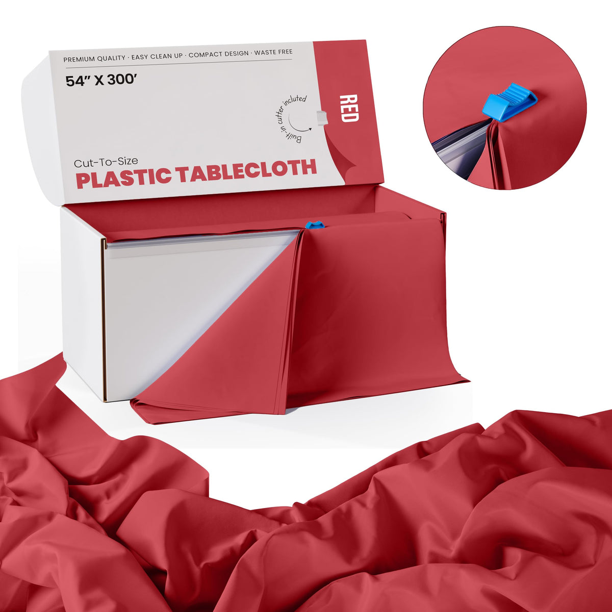 Party Solids Red rectangle tablecloth 8ft laid out for banquet setup.