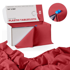 Party Solids Red rectangle tablecloth 8ft laid out for banquet setup.