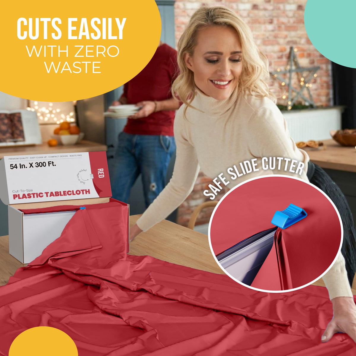 Party Solids Red table cover suitable for 6ft, 8ft, and 5ft tables.