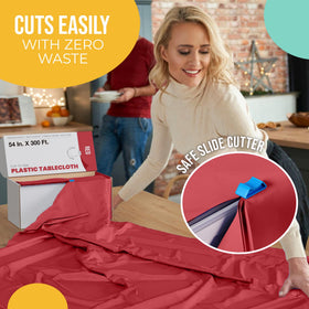 Party Solids Red table cover suitable for 6ft, 8ft, and 5ft tables.