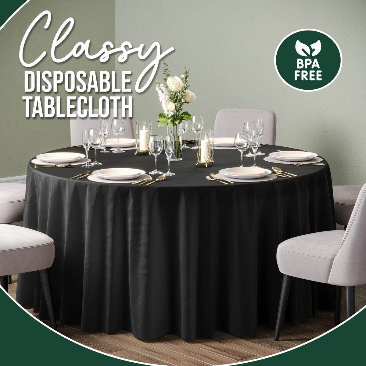 Party Solids round tablecloth on a dining table for indoor or outdoor gatherings.