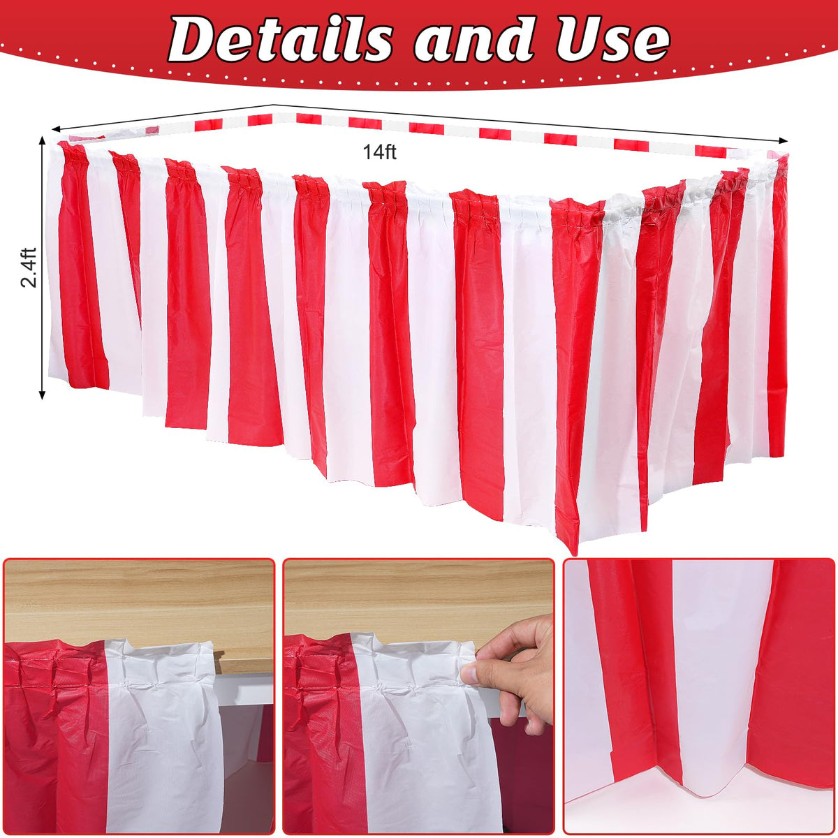 Pascliyna carnival table skirt on table demonstrates quick coverage