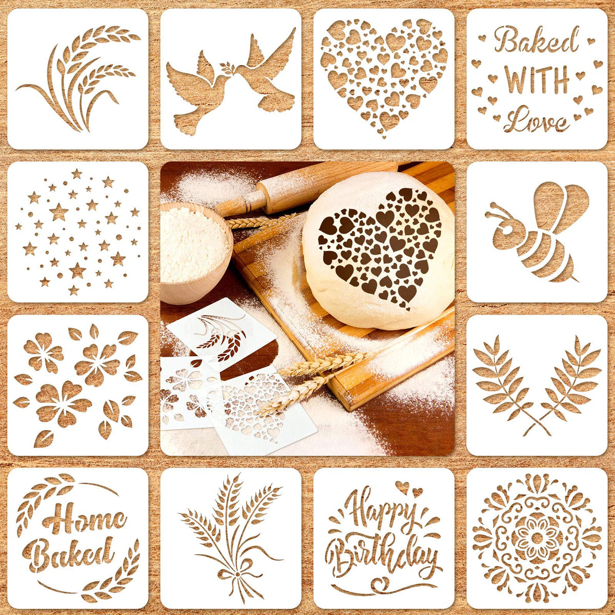 Patelai bread stencil set with twelve styles for loaf decoration.