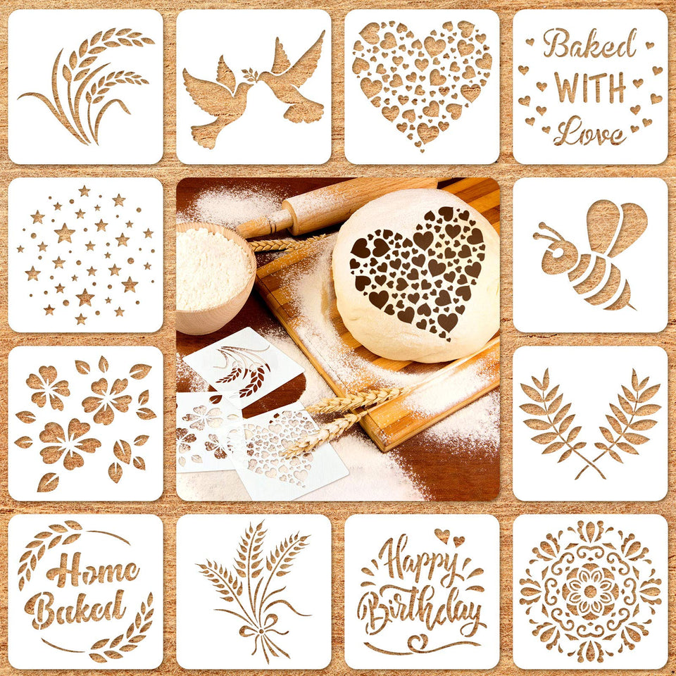 Patelai bread stencil set with twelve styles for loaf decoration.