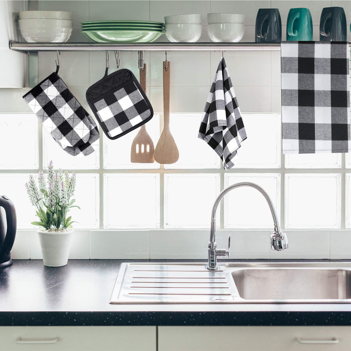 Patelai buffalo-check dish towels drying plates and utensils after meals