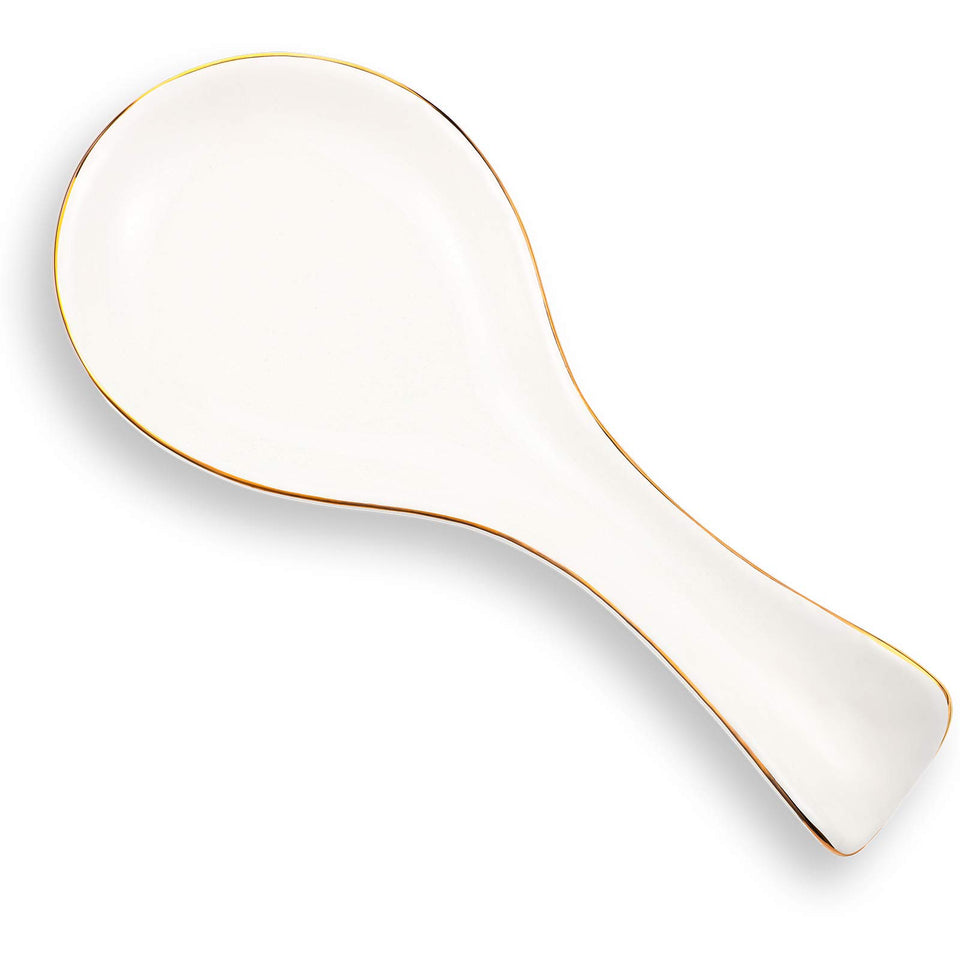 Patelai ceramic spoon rest with white gold brim, front view, keeps counters tidy
