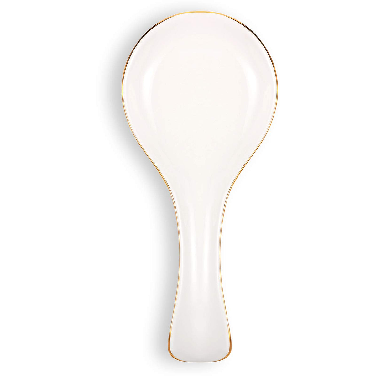 Patelai ceramic spoon rest, side view, elegant white surface with gold trim